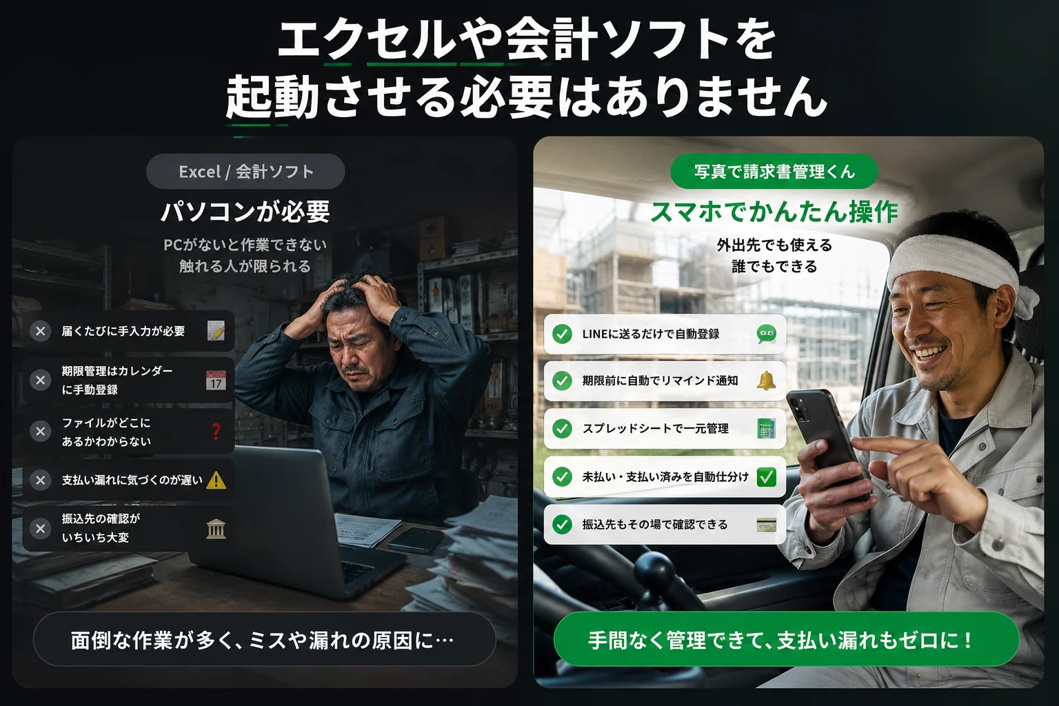 エクセルや会計ソフトを起動させる必要はありません。Excel/会計ソフトはパソコンが必要、PCがないと作業できない、触れる人が限られる。届くたびに手入力が必要、期限管理はカレンダーに手動登録、ファイルがどこにあるかわからない、支払い漏れに気づくのが遅い、振込先の確認がいちいち大変。写真で請求書管理くんはスマホでかんたん操作、外出先でも使える、誰でもできる。LINEに送るだけで自動登録、期限前に自動でリマインド通知、スプレッドシートで一元管理、未払い・支払い済みを自動仕分け、振込先もその場で確認できる。まずは無料で。LINEに送るだけの請求書管理を体験！