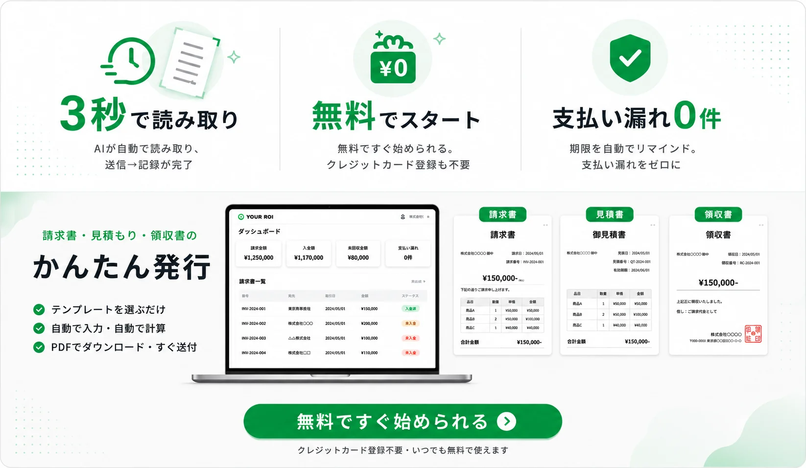 3秒で送信→記録完了 / 月額¥500から / 支払い漏れ0件 / 自動で期限リマインド — 無料すぐ始められる